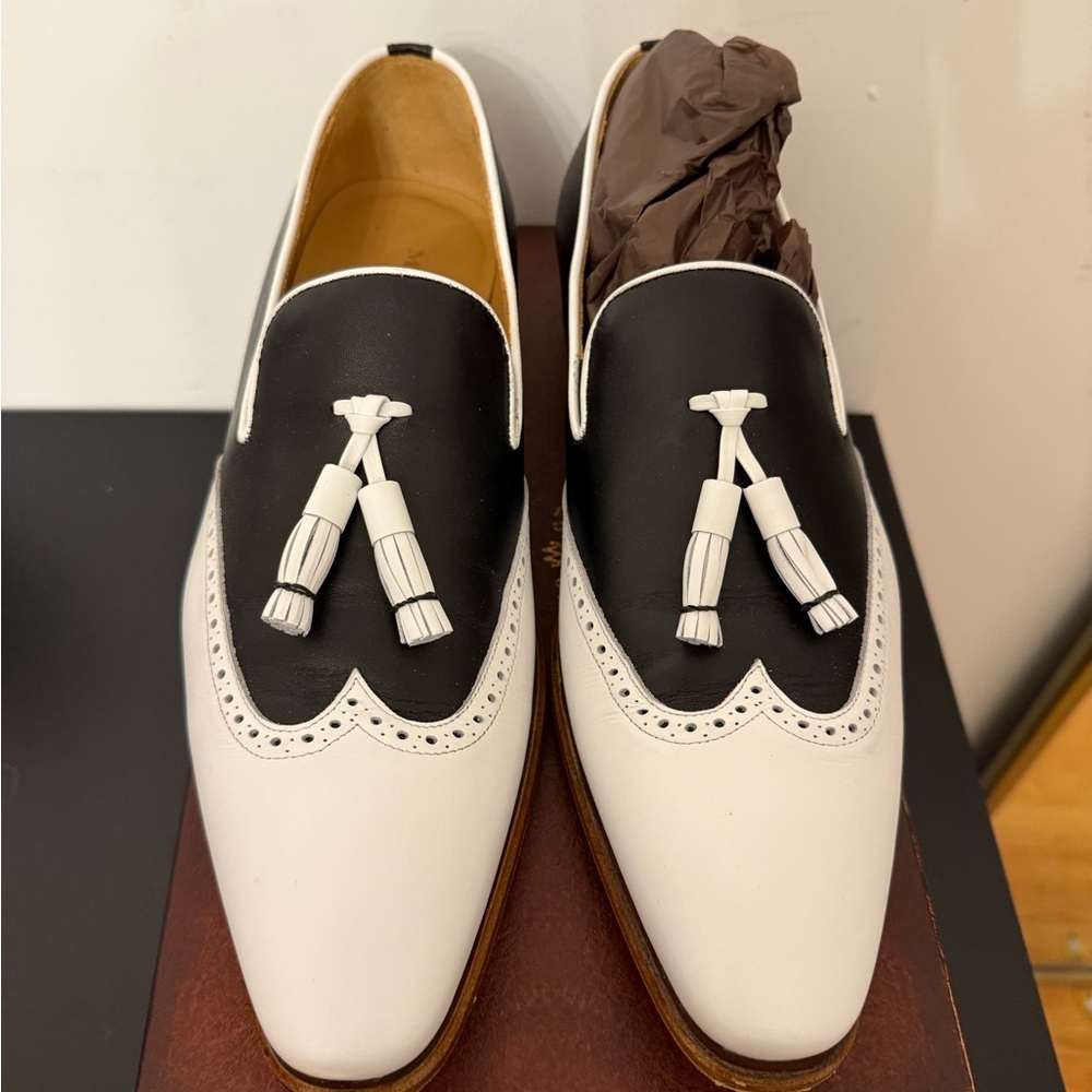 Mezlan Black and White Tassel Loafers